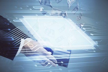 Teknolojiye çoklu maruz kalma hologram, dolar banknotları ve insan eli. Veri kavramı