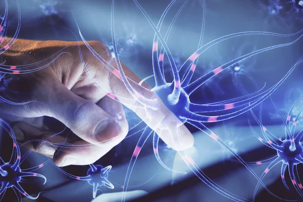 Dupla Exposição Das Mãos Homem Segurando Usando Telefone Desenho Neurônios — Fotografia de Stock