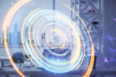 Teknoloji temalı çizimlere ve ofis içi arka planına çifte maruz kalma. Teknoloji konsepti.