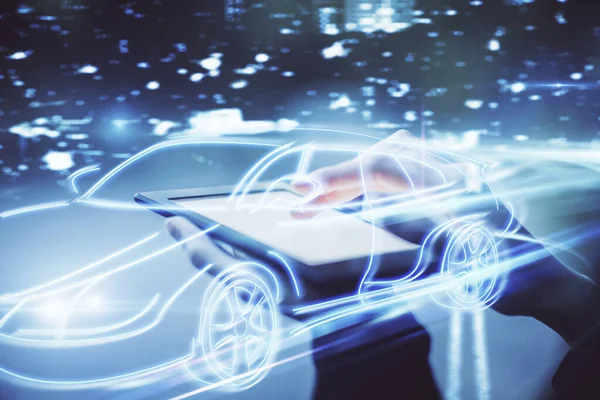 Dupla Exposição Holograma Ícone Automóvel Mulher Segurando Usando Dispositivo Móvel — Fotografia de Stock