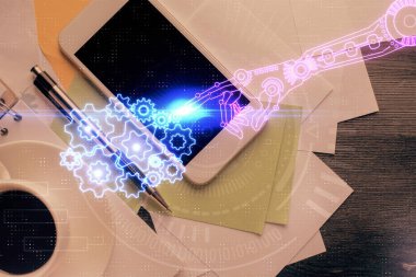 Çalışma masasının üzerine teknoloji teması çizimi çifte pozlama. Üst Manzara. Küresel veri analiz kavramı.