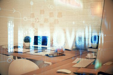 Veri teması çizimi ve ofis içi arka planına çifte maruz kalma. Teknoloji kavramı.