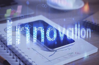 Veri teması çizimi ve cep telefonu arkaplanı çift pozlama. Yenilik kavramı