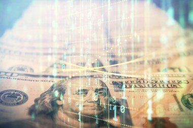 İki kez veri temasına maruz kalınca dolar banknotları arka planda kalıyor. Teknoloji konsepti.