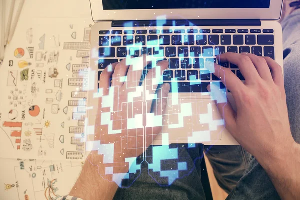 Multi Exposure Man Hands Typing Computer Keyboard Data Theme Hologram — Stock Photo, Image