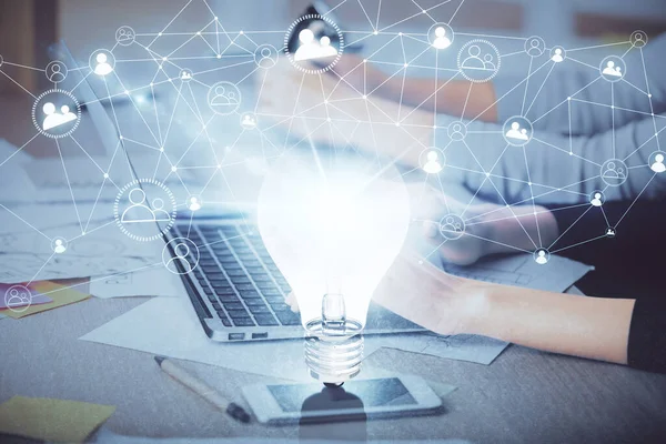 Double Exposure Woman Hands Typing Computer Light Bulb Drawing Idea — Stock Photo, Image