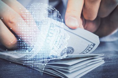 Beynin holograma maruz kalması, bize dolar banknotları ve insan eli çizmesi. Ai yatırım konsepti