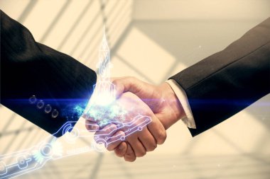 İki adamın el sıkışması ve hologram çiziminin yaratıcılığına çoklu maruz kalma. Başlangıç konsepti