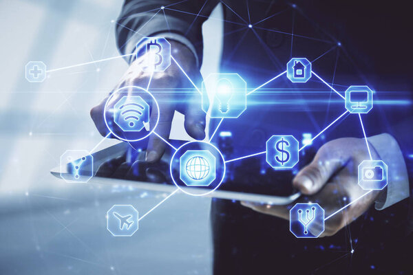 Double exposure of man's hands holding and using a phone and social network theme drawing.