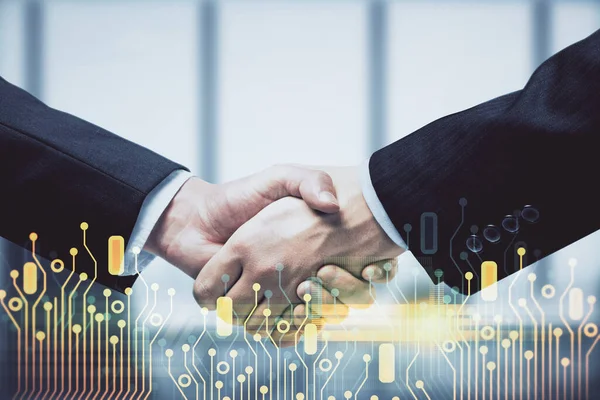 Double Exposure Data Theme Hologram Handshake Two Men Partnership Industry — Stock Photo, Image