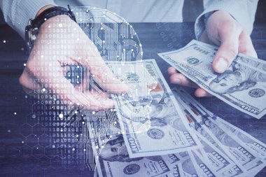 Beynin holograma maruz kalması, bize dolar banknotları ve insan eli çizmesi. Ai yatırım konsepti