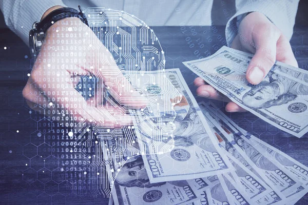 Beynin holograma maruz kalması, bize dolar banknotları ve insan eli çizmesi. Ai yatırım konsepti