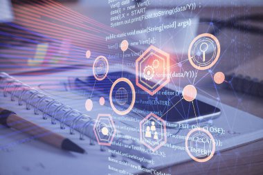 Veri teması çizimi ve cep telefonu arkaplanı çift pozlama. Yenilik kavramı