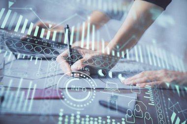 Bilgisayar ve teknoloji temalı çizimlerde kadın elinin çifte pozlanması. Yüksek Teknoloji kavramı.