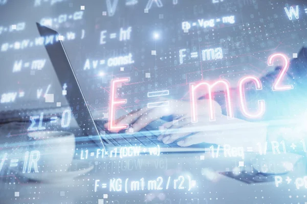 Double Exposure Woman Hands Typing Computer Formula Hologram Drawing Education — Stock Photo, Image