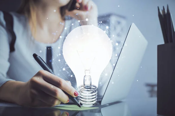 Double Exposure Woman Hands Typing Computer Light Bulb Drawing Idea — Stock Photo, Image
