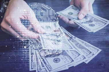 Beynin holograma maruz kalması, bize dolar banknotları ve insan eli çizmesi. Ai yatırım konsepti