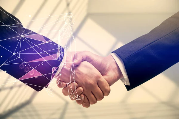 İki adamın el sıkışması ve hologram çiziminin yaratıcılığına çoklu maruz kalma. Başlangıç konsepti