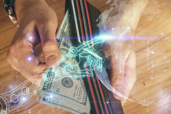 Wielokrotna Ekspozycja Hologramu Rysunku Technicznego Banknotów Dolarowych Usa Rąk Ludzkich — Zdjęcie stockowe