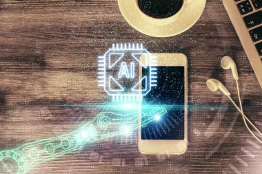 Çalışma masasının üzerine teknoloji teması çizimi çifte pozlama. Üst Manzara. Küresel veri analiz kavramı.