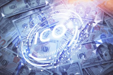 Şifreli temanın çoklu pozu bize dolar banknotları arkaplanı çiziyor. Engelleme zinciri başarısı kavramı.