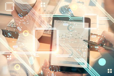 Dijital bir cihaz ve veri temalı çizim kullanan bir adamın el ele tutuşması. Yenilik kavramı.