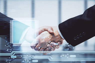 İki kişinin veri temalı hologramı ve el sıkışması. Bilişim endüstrisi konseptinde ortaklık.