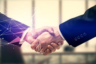 İki adamın el sıkışması ve hologram çiziminin yaratıcılığına çoklu maruz kalma. Başlangıç konsepti