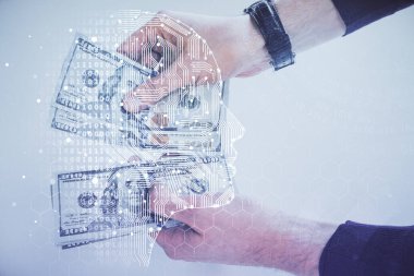 Beynin holograma maruz kalması, bize dolar banknotları ve insan eli çizmesi. Ai yatırım konsepti