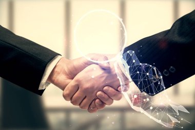 İki adamın el sıkışması ve hologram çiziminin yaratıcılığına çoklu maruz kalma. Başlangıç konsepti