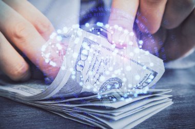 Beynin holograma maruz kalması, bize dolar banknotları ve insan eli çizmesi. Ai yatırım konsepti