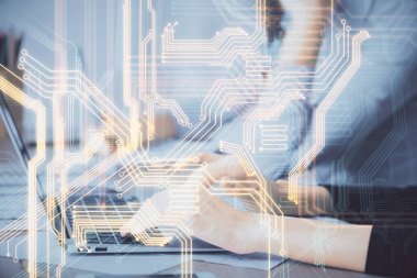 Bilgisayar ve teknoloji temalı çizimlerde kadın elinin çifte pozlanması. Yüksek Teknoloji kavramı.