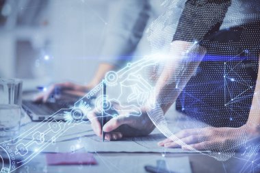 Bilgisayar ve teknoloji temalı çizimlerde kadın elinin çifte pozlanması. Yüksek Teknoloji kavramı.