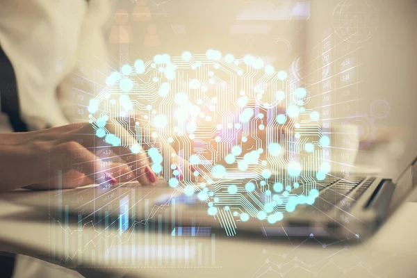 Multi Exposure Woman Hands Working Computer Human Brain Hologram Drawing — Stock Photo, Image