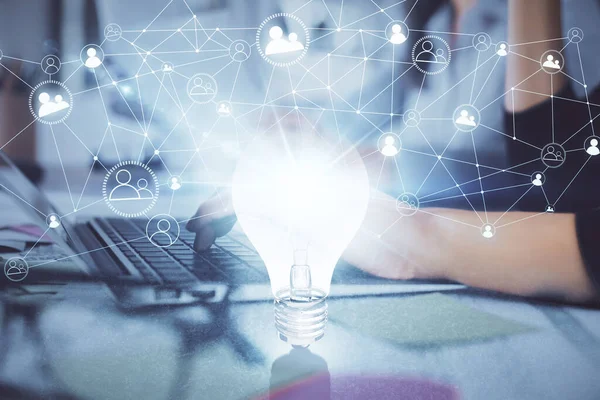 Double Exposure Woman Hands Typing Computer Light Bulb Drawing Idea — Stock Photo, Image