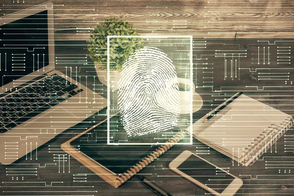 Double exposure of fingeprint drawing and cell phone background. Concept of mobile security