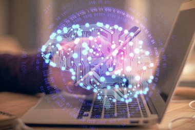 Bir adamın elini tutarken ve dijital bir cihaz ve beyin hologramı çizerken çift pozlama. Veri kavramı.