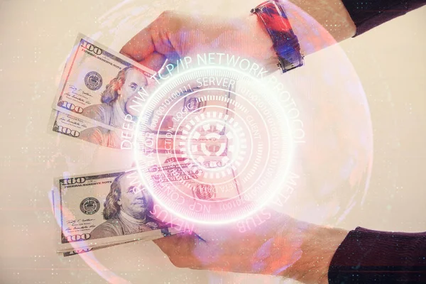 Multi Exposição Holograma Desenho Tecnologia Contas Dos Dólares Dos Eua — Fotografia de Stock