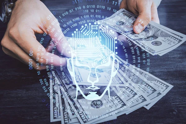 Exposición Múltiple Cerebro Dibujando Holograma Nosotros Billetes Dólares Manos Hombre —  Fotos de Stock