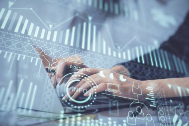 Bilgisayar ve teknoloji temalı çizimlerde kadın elinin çifte pozlanması. Yüksek Teknoloji kavramı.