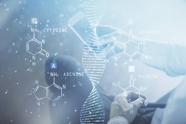 Bir adamın elini tutarken ve bir telefon ve DNA çizimi kullanırken iki kez görüntülenmiş. Tıp eğitimi kavramı.