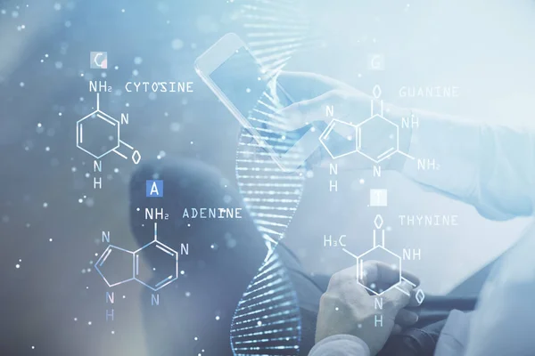 Dupla Exposição Das Mãos Homem Segurando Usando Telefone Desenho Dna — Fotografia de Stock