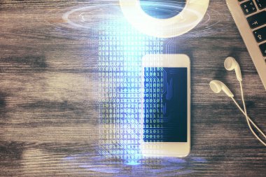 Çalışma masasının üzerine teknoloji teması çizimi çifte pozlama. Üst Manzara. Küresel veri analiz kavramı.