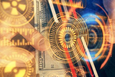 Teknolojinin hologramı, Amerikan dolarları ve insan eli çizimleri. Teknoloji konsepti.