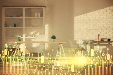 Veri teması çizimi ve ofis içi arka planına çoklu maruz kalma. Teknoloji kavramı.