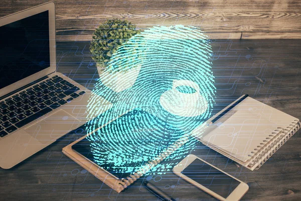 Double exposure of fingeprint drawing and cell phone background. Concept of mobile security