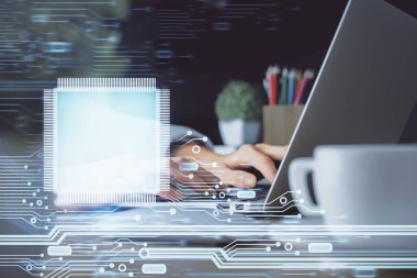 Bilgisayar ve veri temalı hologram çizimlerinde çalışan kadın elleri çift pozlama. Teknoloji kavramı.