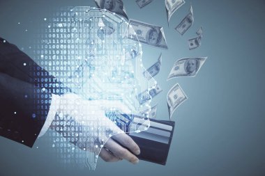 Beynin holograma maruz kalması, bize dolar banknotları ve insan eli çizmesi. Ai yatırım konsepti