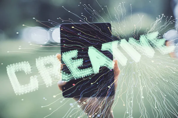 Double Exposure Creative Hologram Woman Holding Using Mobile Device Start — Stock Photo, Image