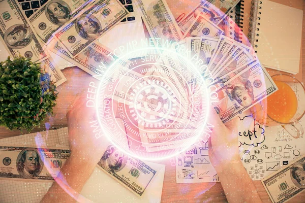 Multi Exposure Tech Drawing Hologram Usa Dollars Bills Man Hands — Stock Photo, Image